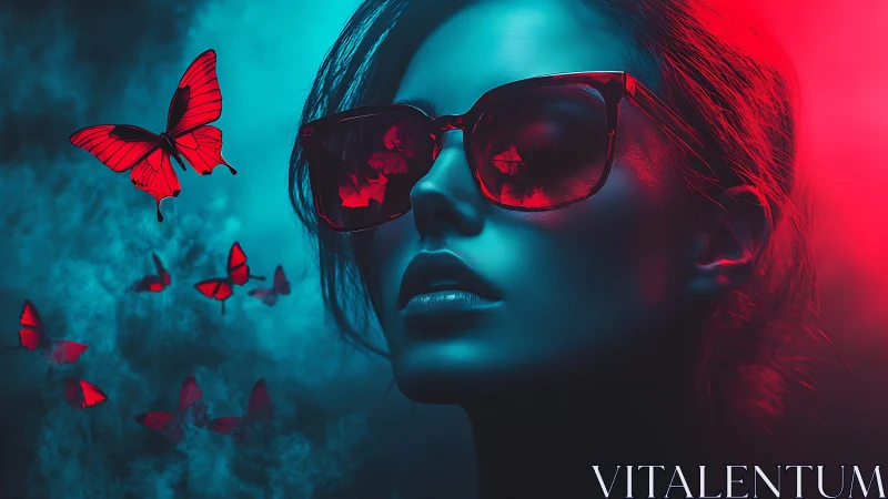 Woman in sunglasses is lit by bicolor light with butterflies