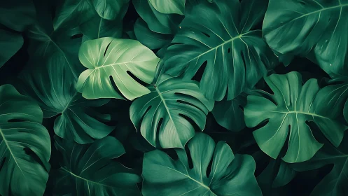 Dense cluster of lush green monstera jungle leaves.