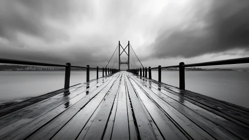 Wet wooden pier leads to suspension bridge under clouds