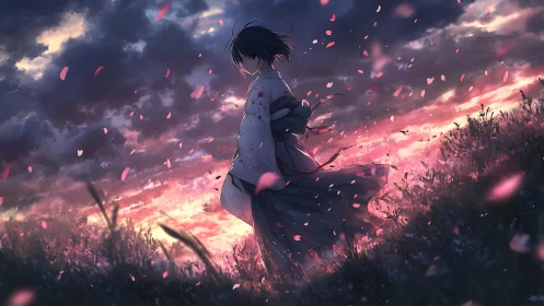 Storm-kissed wanderer treads through petals and burning dusk