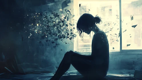 Digital painting of shattering silhouette in backlit interior.