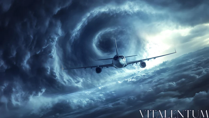 Passenger jet flies toward rotating storm vortex in clouds