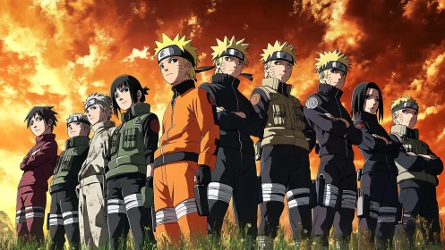 Sunset squad of determined ninjas lined up in bold unity.