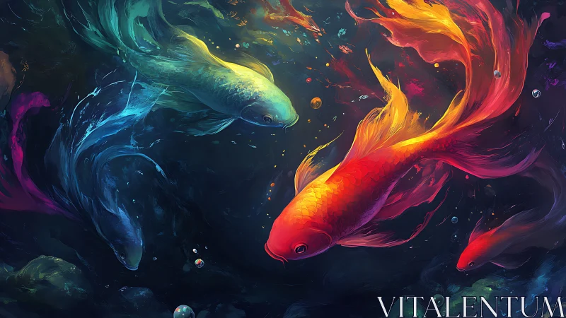 Vibrant koi fish swirl through luminous cosmic water.