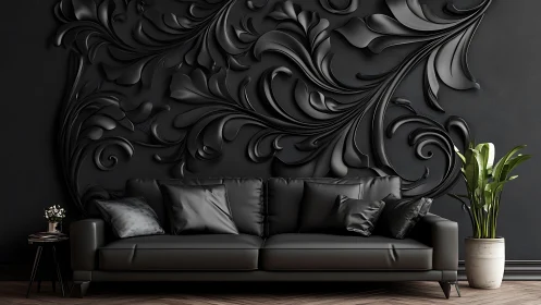 Monochrome black sofa anchors ornate sculpted wall decor elegantly.