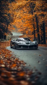 Supercar glides through a quiet forest road in peak autumn