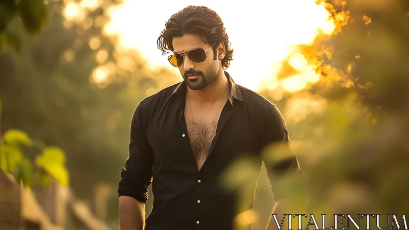 Sunlit portrait of stylish man in black shirt outdoors.