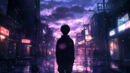 Midnight rain threads neon dreams around a solitary silhouette