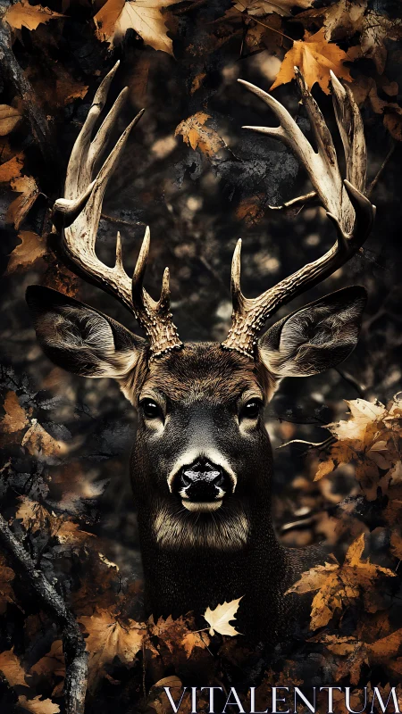 Whitetail buck portrait framed by dense autumn foliage.