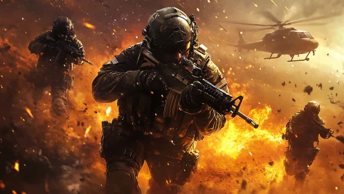 Firestorm operators sprint through molten battlefield dusk.