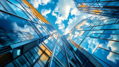 Glass office towers reflect blue sky and clouds vertically