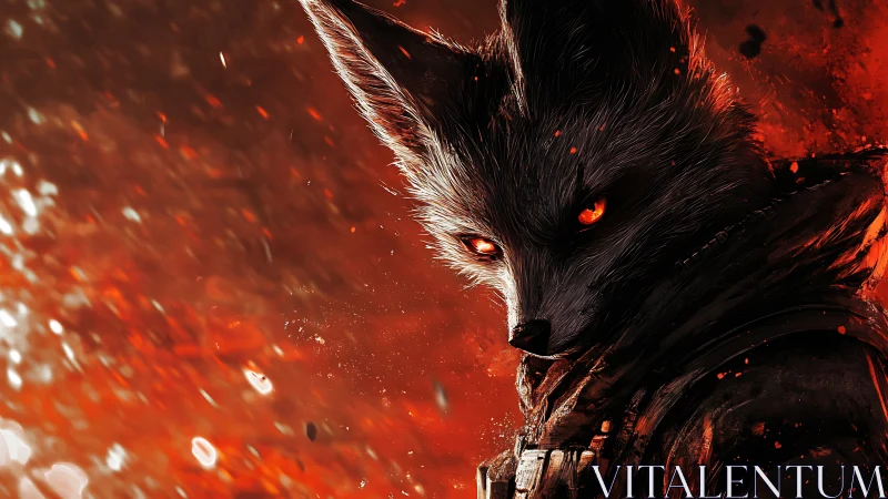 Anthropomorphic fox warrior portrait with ember-lit crimson bokeh