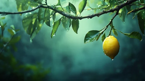 Single ripe lemon on wet tree branch in soft green light.
