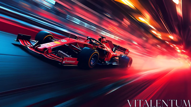 Scarlet Formula racer slices neon night at blistering speed.