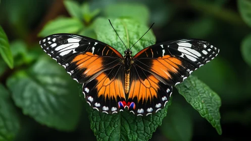 Gentle garden butterfly resting on lush green leaves.