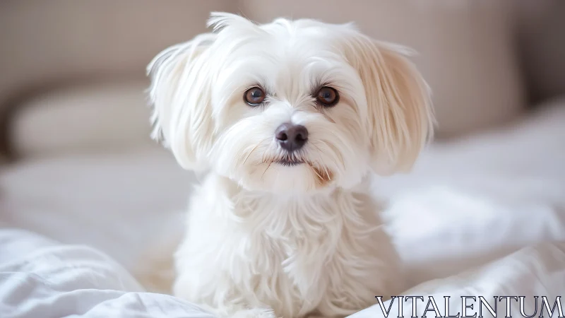 Small white dog lies on bed in soft diffused lighting