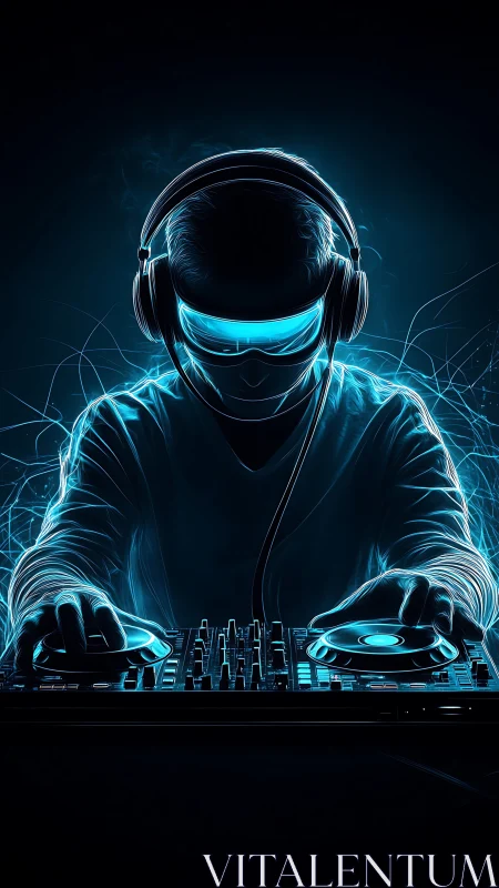 Neon visor DJ channels electric soundwaves in midnight glow.