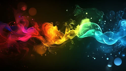 Multicolor luminous smoke waves on dark abstract background.
