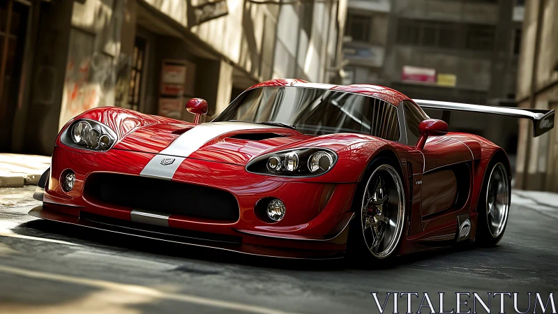 Aerodynamic red race car with widebody kit in urban alley.