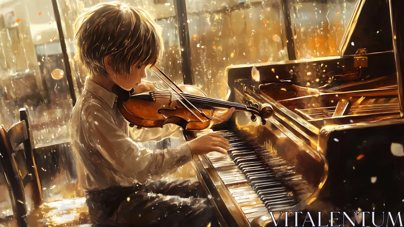 Young violinist plays piano in golden afternoon light.