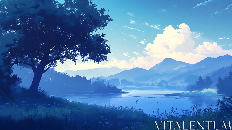 Blue mountain lake landscape under bright summer clouds.