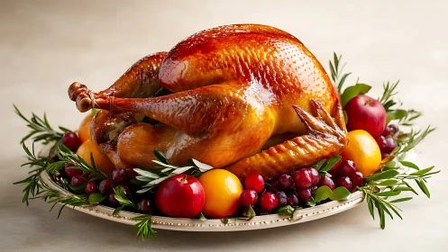Whole roast turkey on platter with fruit and herb garnish