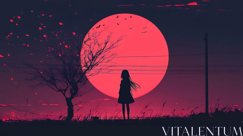 Silhouette girl stands before oversized red moon at dusk