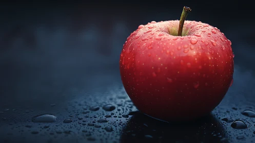 Glistening red apple resting in a quiet pool of night dew.