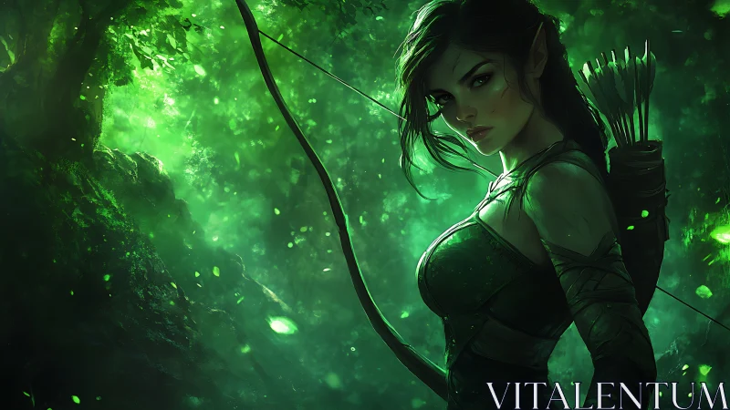 Elven archer rendered in high-contrast green volumetric forest light