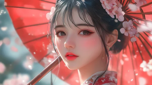 Anime girl in kimono under red parasol with blossoms.