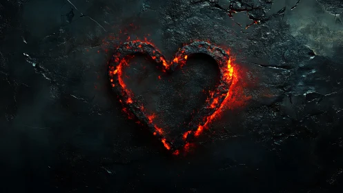 Glowing heart shape carved into dark, textured stone surface