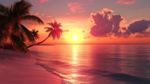 Sunset-lit tropical shoreline with reflective calm ocean surface