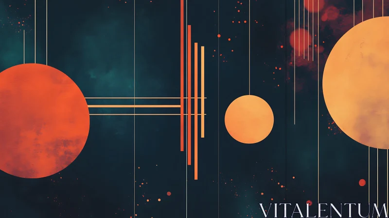 Geometric orange circles on dark teal abstract space field.