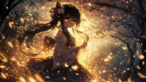 Lanternhearted girl wandering through burning blossom dusk.