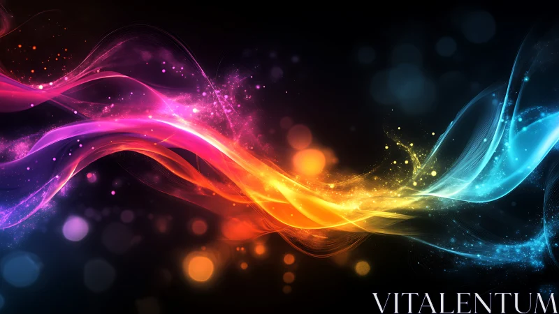 Colorful light waves stream across a dark cosmic void.