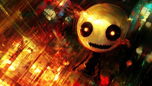 Glowing skull-like figure burns through a fractured neon storm