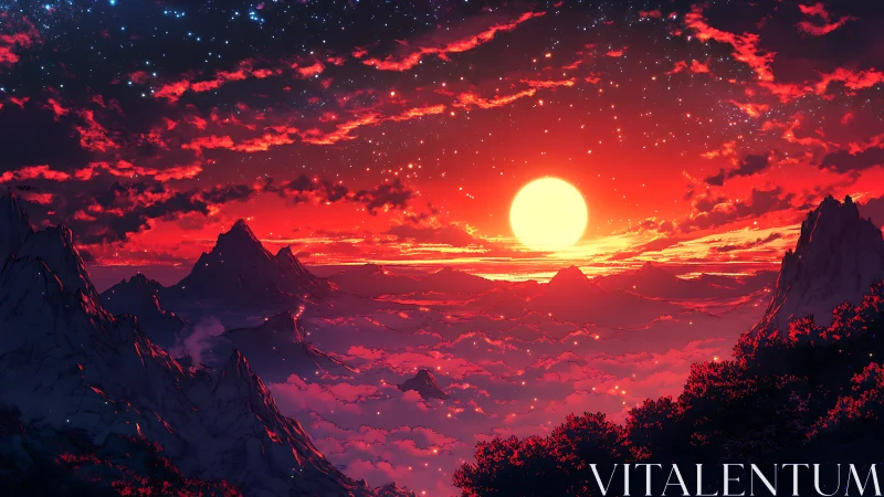 Radiant red sun sinks over dreamy star-lit mountain clouds
