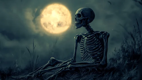 Skeleton watches full moon under stormy night sky.