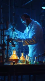 Midnight chemist amid glowing flasks and vaporous light.
