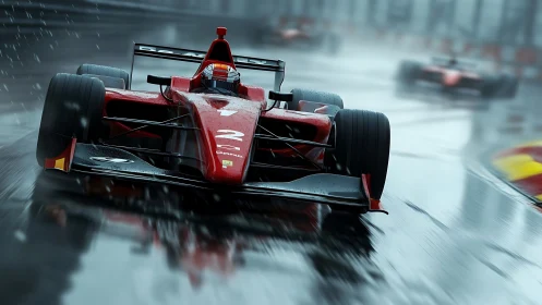 Red formula race car on wet track in rainy conditions.