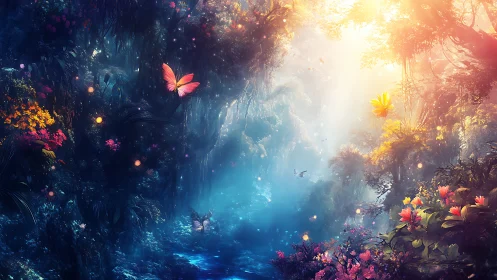 Enchanted forest glows as radiant butterflies drift through light