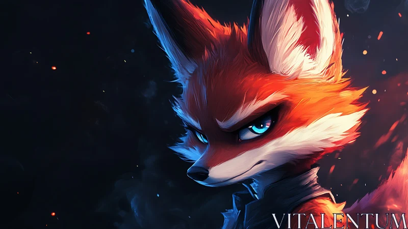Fiery fox hero gazes ahead with bold blue-eyed resolve