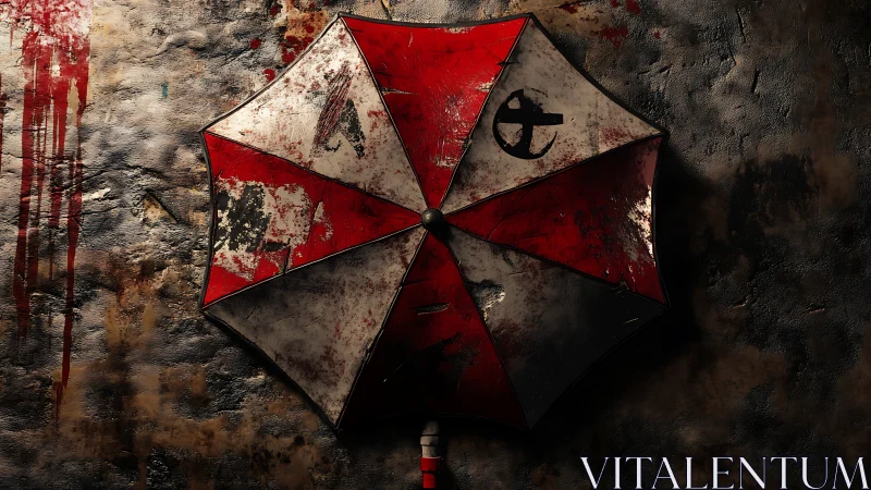 Weathered red and white umbrella mounted on textured wall