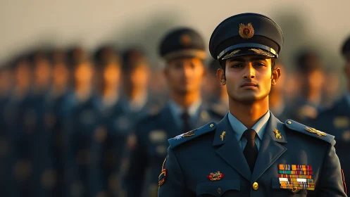 Young officer standing proud in evening parade formation.