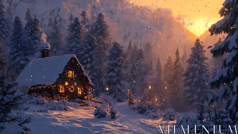 Snowy forest cabin glowing under golden winter sunset.