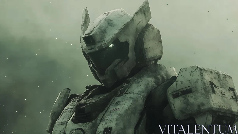 Battle-scarred mecha sentinel in ash-tinted stormlight.