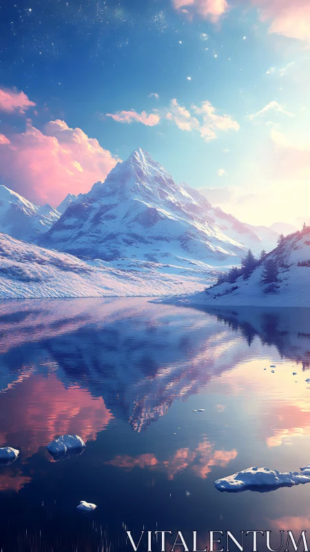Snow-clad alpine peak mirrored in iridescent glacial lake