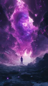 Silhouetted figure observes luminous magenta cosmic rift corridor