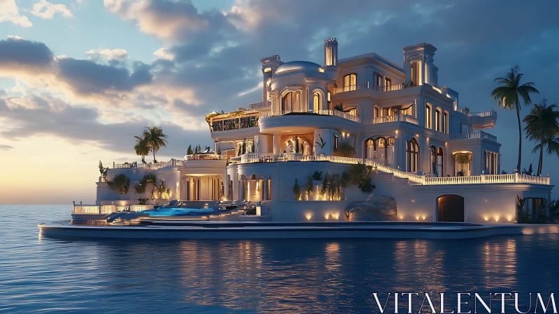 Luxurious multi-tier seaside villa with volumetric sunset lighting