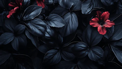 Dark Botanical Study: Crimson Blooms Against Obsidian Foliage